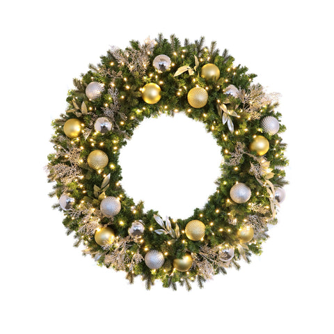 Wreath, Pre-Decorated Indoor: Mixed Pine PVC / PE Greenery, LED Warm White