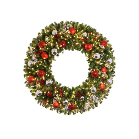 Wreath, Pre-Decorated Indoor: Mixed Pine PVC / PE Greenery, LED Warm White