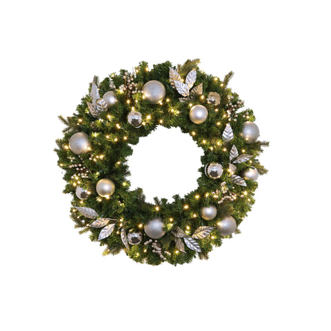 Wreath, Pre-Decorated Indoor: Mixed Pine PVC / PE Greenery, LED Warm White