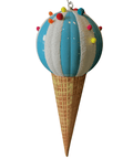 A 26" Ice Cream Jumbo Finial by ACRO featuring a blue and white striped scoop decorated with colorful pom-pom toppings, attached to a textured waffle cone—perfect seasonal decor for spring and summer.