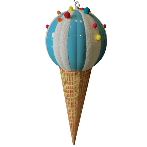 A 26" Ice Cream Jumbo Finial by ACRO featuring a blue and white striped scoop decorated with colorful pom-pom toppings, attached to a textured waffle cone—perfect seasonal decor for spring and summer.