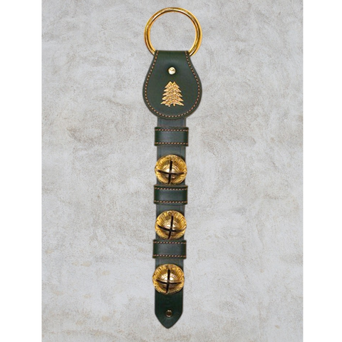 Double Pine Charm above 3 Solid Brass Belsnickel Bells on Leather Strap, 15" (Green)