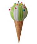 A whimsical ornament shaped like an ice cream cone, perfect as seasonal decor for spring and summer, featuring a textured waffle cone bottom and a scoop decorated with alternating green and white stripes, along with colorful pom-poms resembling sprinkles on top, the 26" Ice Cream Jumbo Finial by ACRO.