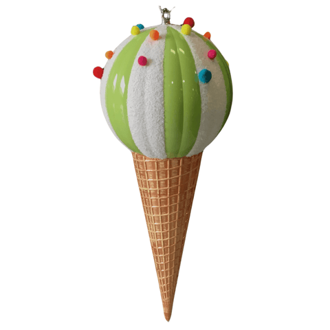 A whimsical ornament shaped like an ice cream cone, perfect as seasonal decor for spring and summer, featuring a textured waffle cone bottom and a scoop decorated with alternating green and white stripes, along with colorful pom-poms resembling sprinkles on top, the 26" Ice Cream Jumbo Finial by ACRO.