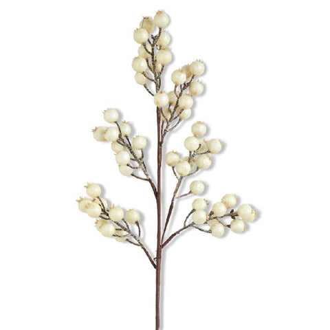 27" White Crackle Glitter Rosehip Stem