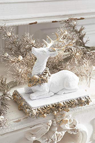 8 Inch White & Gold Glittered Sitting Reindeer Stocking Holder