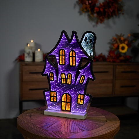 Haunted House w/Ghost Infinity Light 16"H Acrylic w/UL Plug