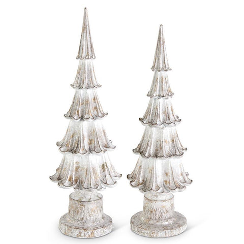 Set of 2 Glittered Whitewashed Resin Trees on Pedestal