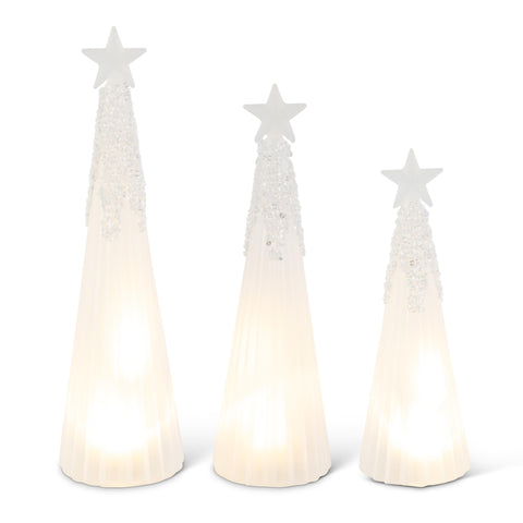 Beaded Frosted Ribbed Glass LED Trees w/ TImers (Set of 3)