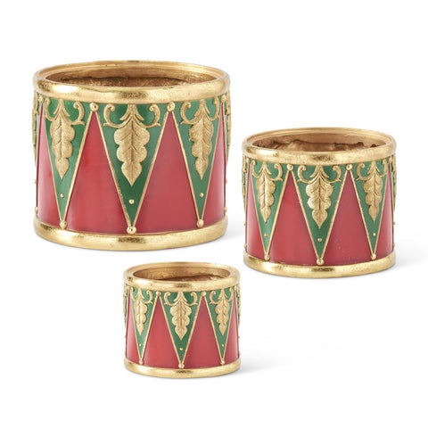 Set of 3 Red Green & Gold Resin Nesting Drum Con