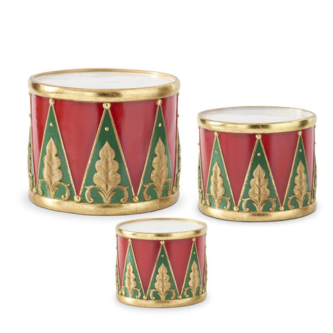 Set of 3 Red Green & Gold Resin Nesting Drum Con