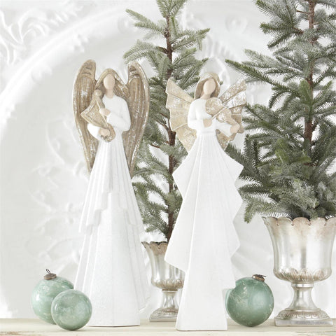 Set of 2 White Glittered Angels Playing Instruments