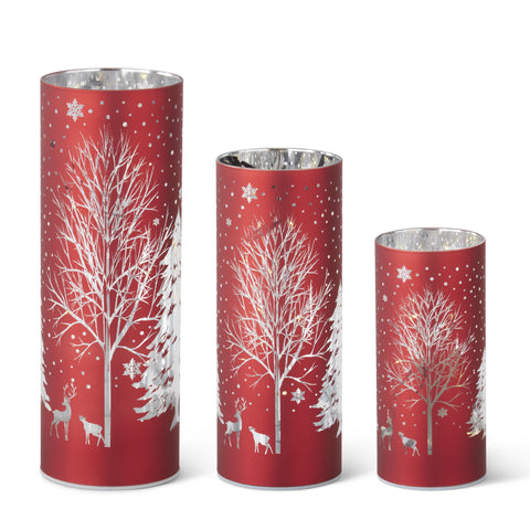 Laser Engraved Winter Scene LED Cylinders, 6" - 10" (Set of 3) (Red)