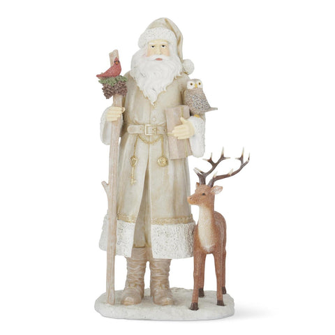 15.25" Resin Cream Coat Santa w/Cardinal, Owl and Deer