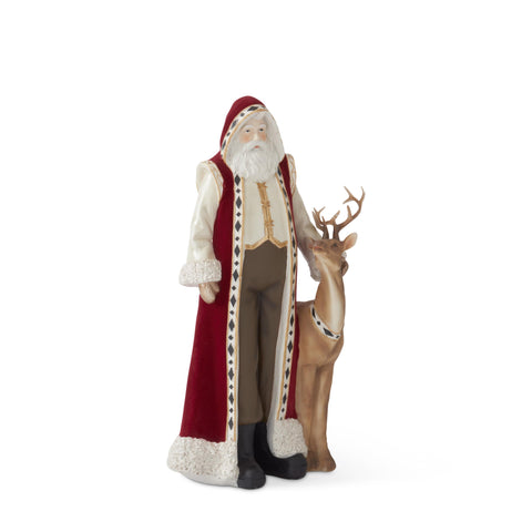 Resin Santa w/ Burgundy Cape & Brown Deer figurine, 15"