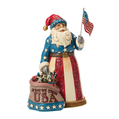 Jim Shore Heartwood Creek Patriotic Santa w/ Flag Figurine, 9"