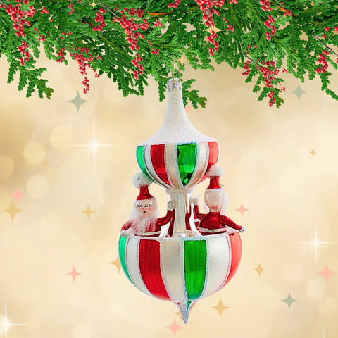 Carousel 3 Santa Glass Drop Ornament, 6.5"