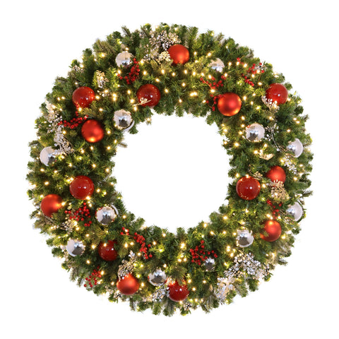 Wreath, Pre-Decorated Indoor: Mixed Pine PVC / PE Greenery, LED Warm White