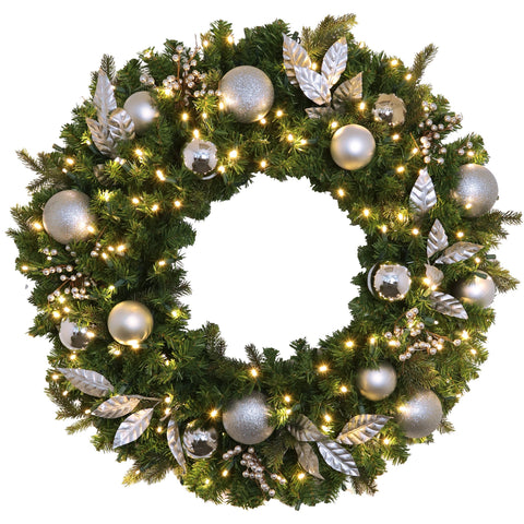 Wreath, Pre-Decorated Indoor: Mixed Pine PVC / PE Greenery, LED Warm White