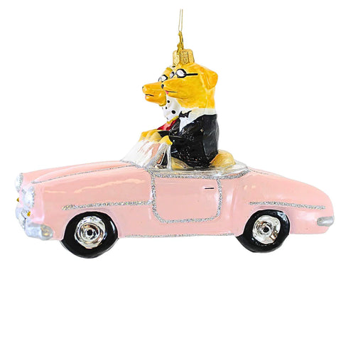 Pups In Pink Cabrio Glass Ornament, 3.75"