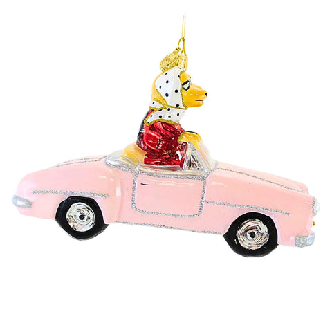 Pups In Pink Cabrio Glass Ornament, 3.75"