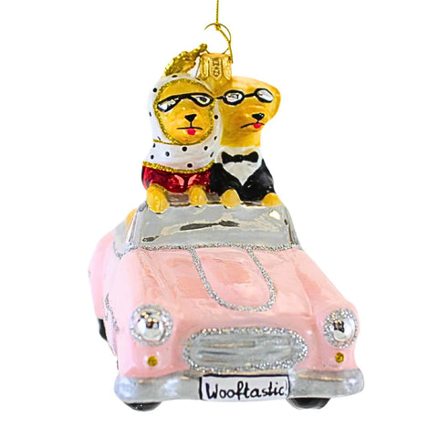 Pups In Pink Cabrio Glass Ornament, 3.75"