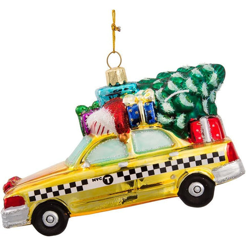 New York City Checker Taxi With Tree Glass Ornament, 5.35"