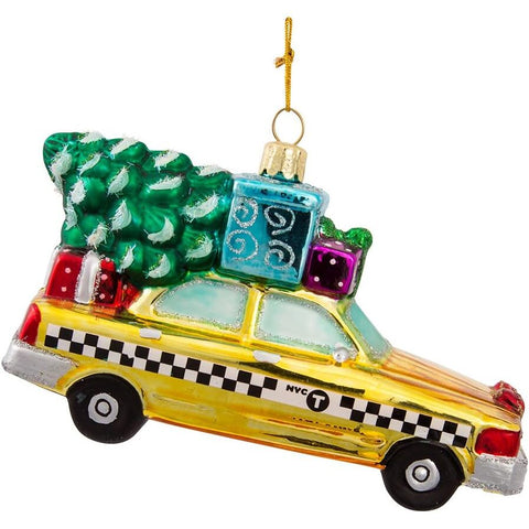 New York City Checker Taxi With Tree Glass Ornament, 5.35"