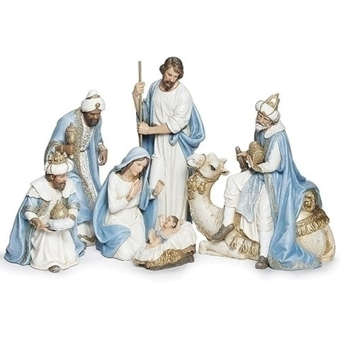 6-Piece Nativity Set W/ King On Camel, Blue Champagne, 9.2"