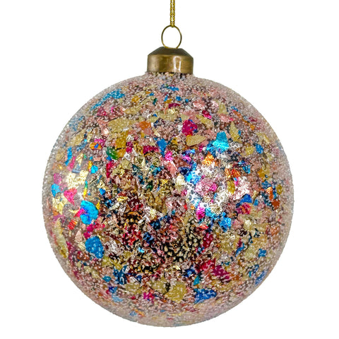 Glass Ball - clear iced w/colored flakes, 5"