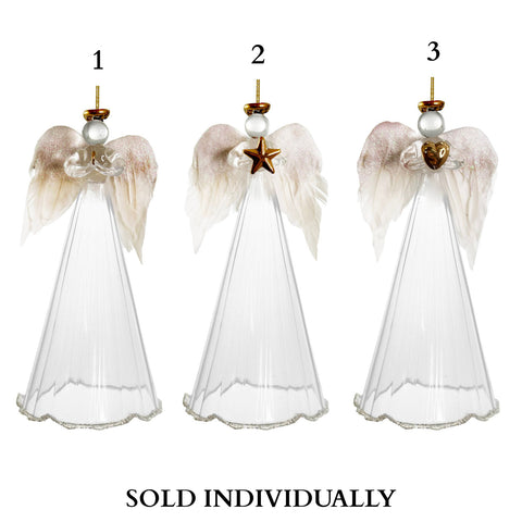 Glass angel w/skirt & feather wings, 6.3" (3 Styles - Sold individually)