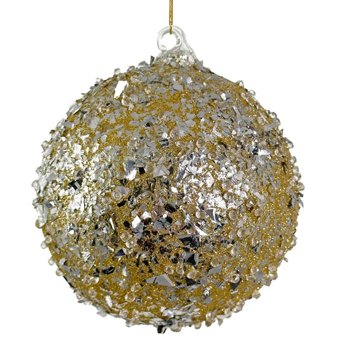 Glass Gold Ball - Silver Glitter and Beads, 4.7"