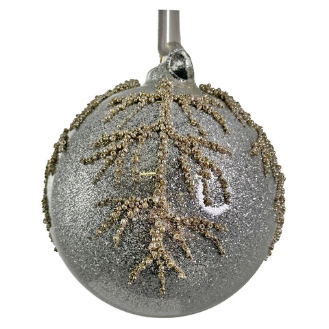 Glass Ball - Silver Glitter w/ Bead Branch, 4"