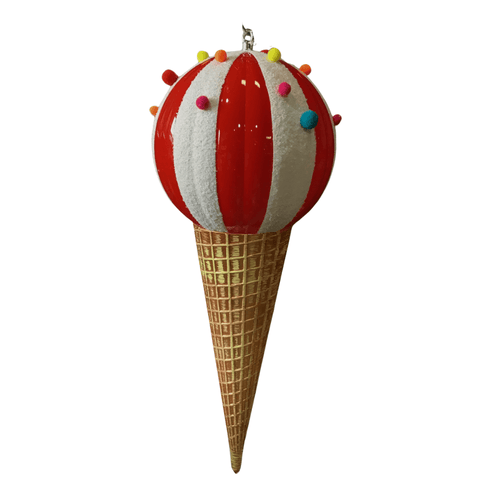 A whimsical 26" Ice Cream Jumbo Finial by ACRO resembling an ice cream cone, featuring a red and white striped spherical scoop topped with colorful pom-poms, sits atop a golden textured cone. Perfect for seasonal decor, it brings a playful touch to your spring and summer displays. The image is on a white background.