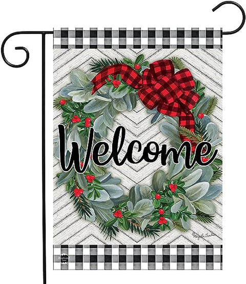 Winter Wreath Welcome Garden Flag Checkered Patterned