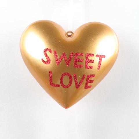 Heart "Sweet Love" Ornament, 8" (Gold W/Red Glitter)