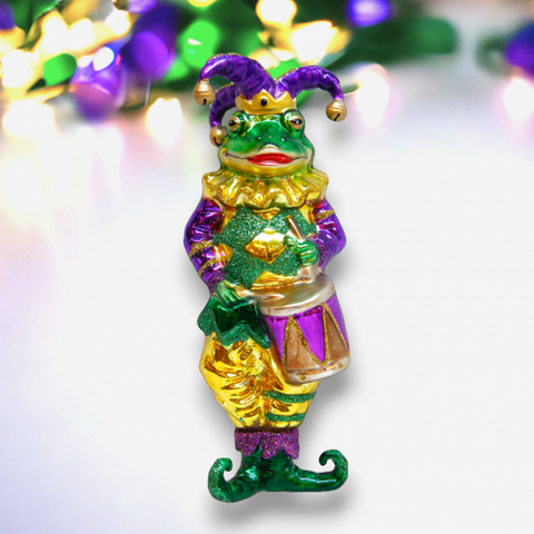 Mardi Gras Jester Frog Glass Ornament