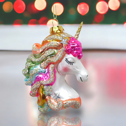 Rainbow Unicorn Head Glass Ornament