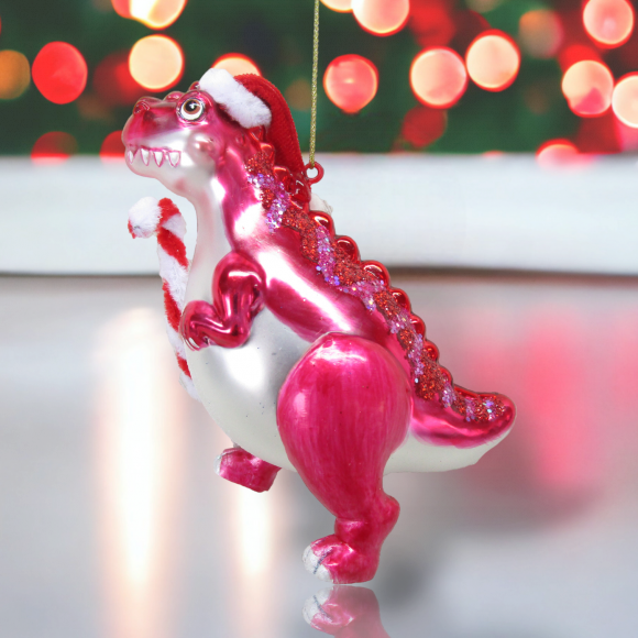 5in Pink Dinosaur with Candy Cane Ornament