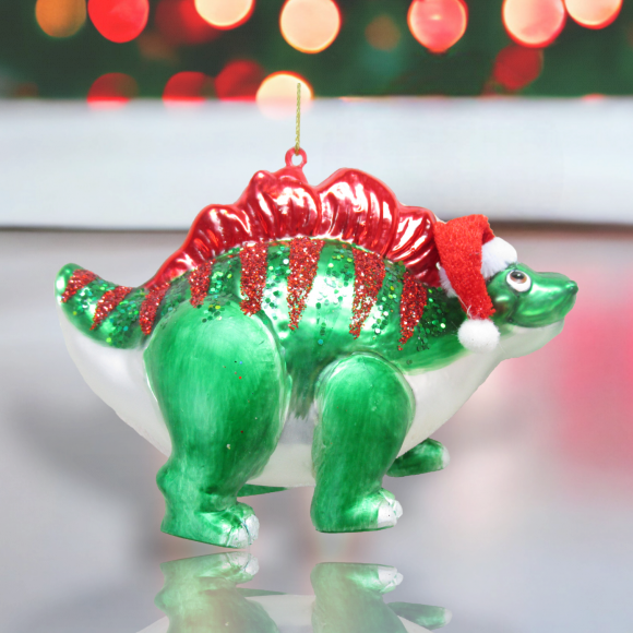 Green Dinosaur with Santa Cap Ornament