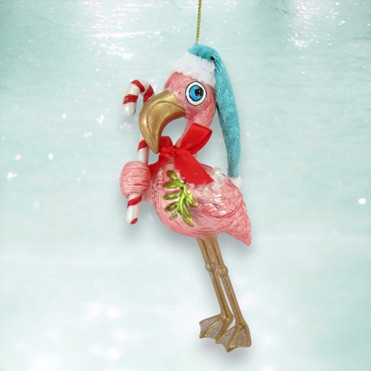 Flamingo with Candy Cane Ornament