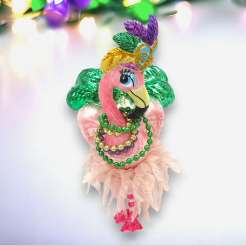 Mardi Gras Flamingo Glass Ornament