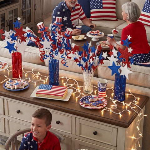 "4th of July" Hat & Star Pick, 17" (Red/Blue/White Glitter)