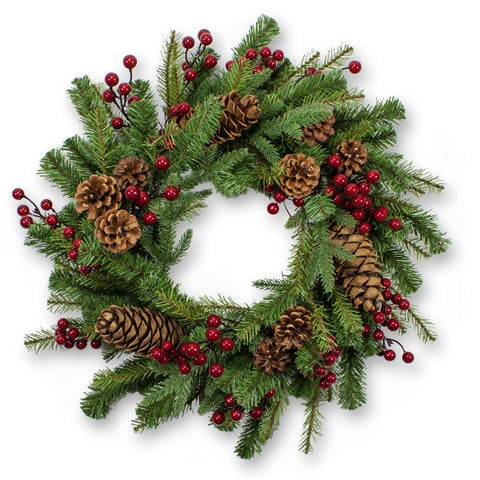 24″ Mixed Pine Wreath w/ Red Berries & Pine Cones