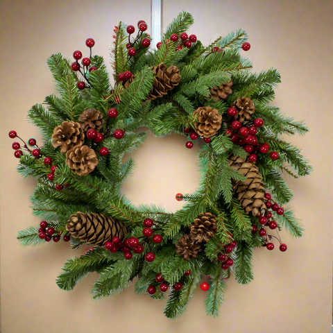 24″ Mixed Pine Wreath w/ Red Berries & Pine Cones