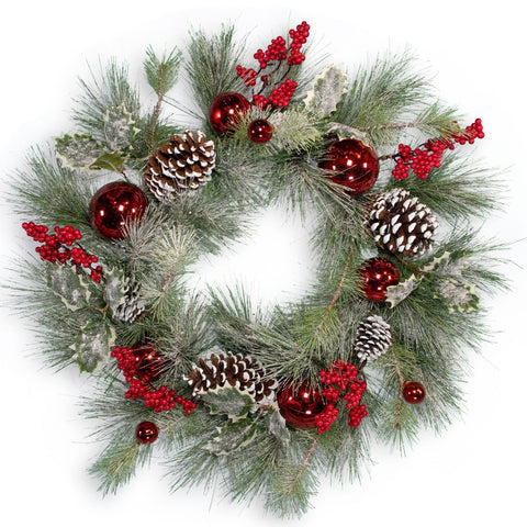 24″ Frosted Pine Wreath w/ Pinecone, Holly, Berries & Red Ball