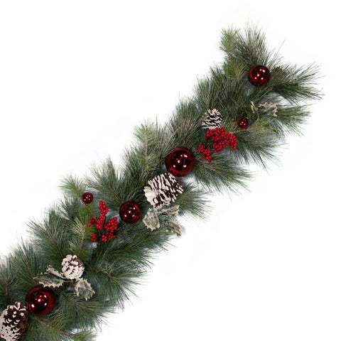 6′ Frosted Pine Garland w/ Pinecone, Holly, Berries & Red Ball