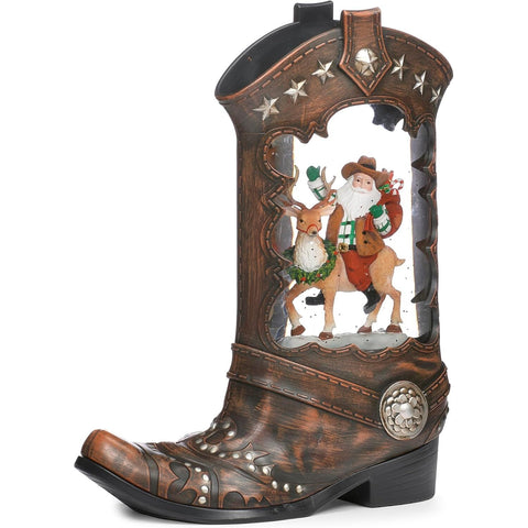 Lighted Swirl Boot w/ Santa Riding a Deer Snow Globe, 10"