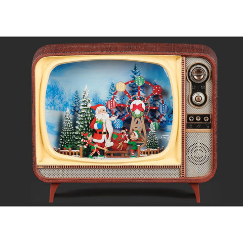 Lighted Musical Swirl TV Snow Globe W/ Santa, Elves And A Ferris Wheel, 6.75"