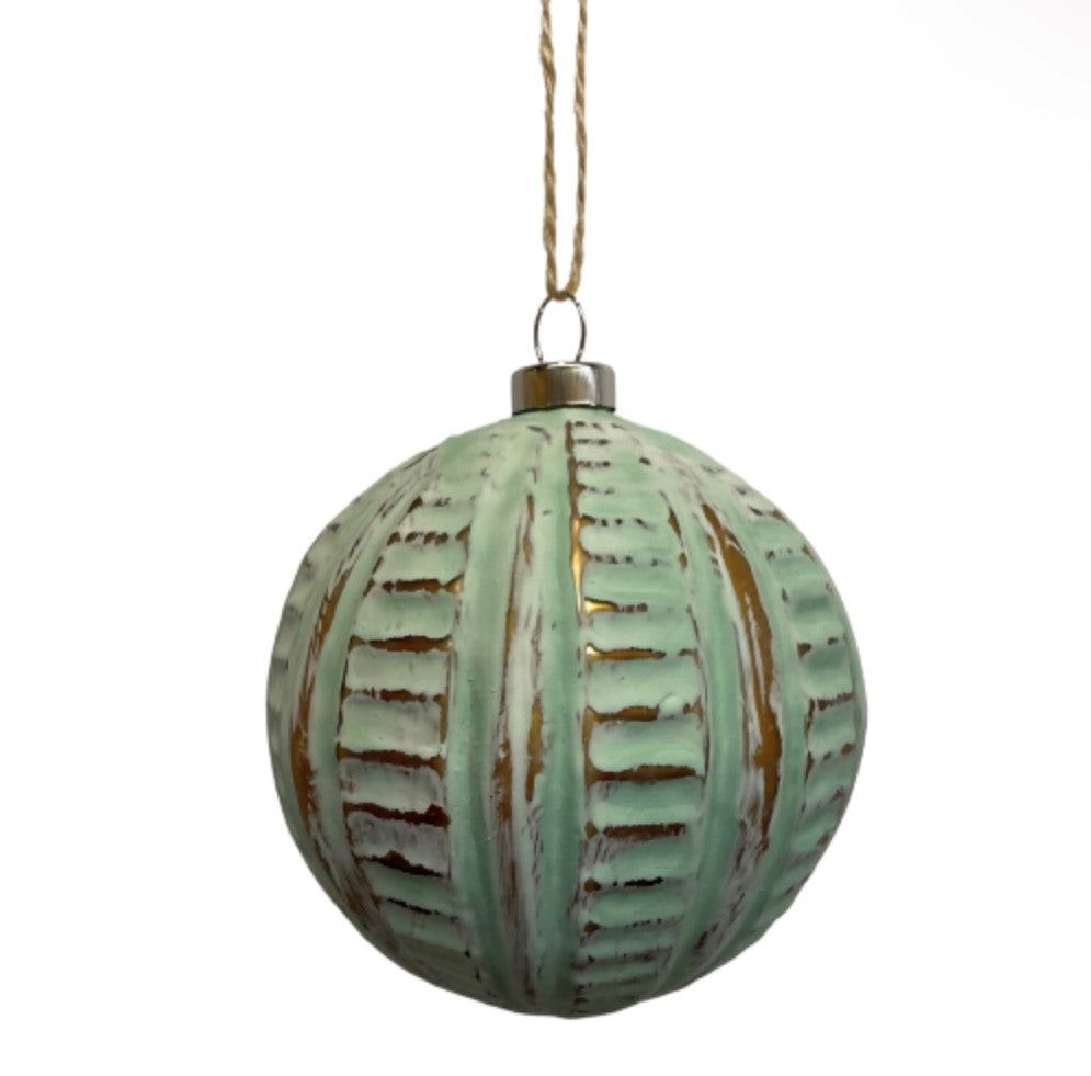 3.75" Glass Farmhouse Ball Ornament-Teal